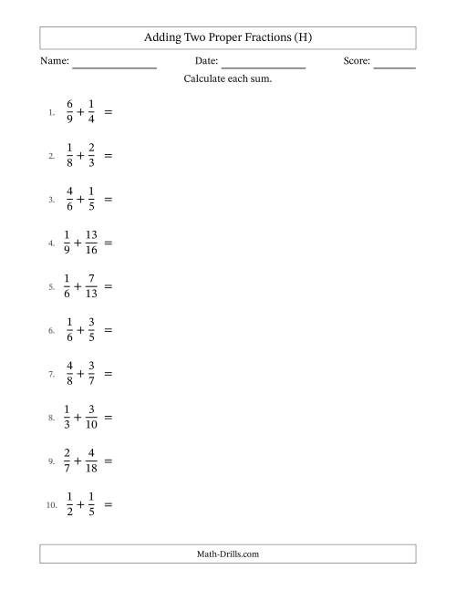 The Adding Two Proper Fractions with Unlike Denominators, Proper Fractions Results and Some Simplifying (H) Math Worksheet