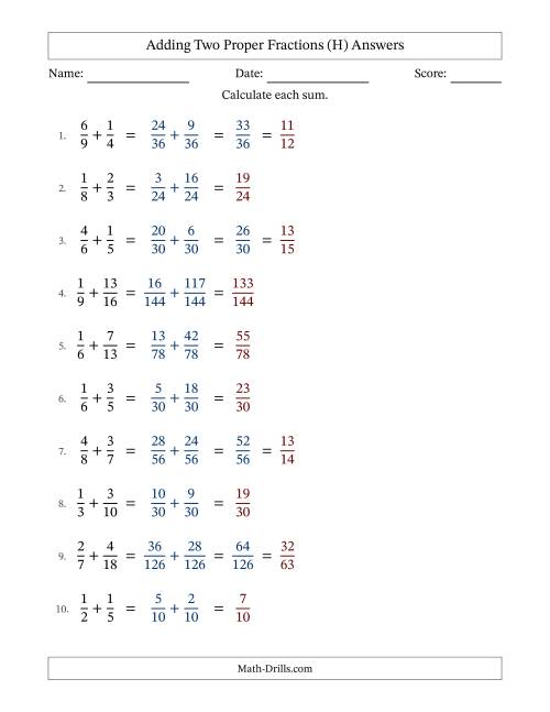 The Adding Two Proper Fractions with Unlike Denominators, Proper Fractions Results and Some Simplifying (H) Math Worksheet Page 2