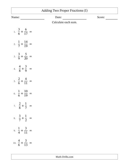 The Adding Two Proper Fractions with Unlike Denominators, Proper Fractions Results and Some Simplifying (I) Math Worksheet