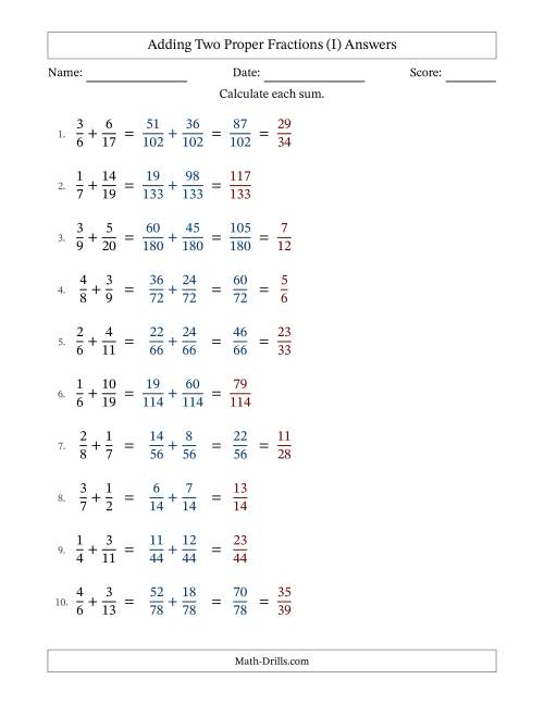 The Adding Two Proper Fractions with Unlike Denominators, Proper Fractions Results and Some Simplifying (I) Math Worksheet Page 2