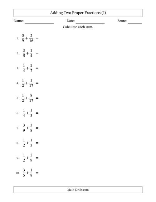 The Adding Two Proper Fractions with Unlike Denominators, Proper Fractions Results and Some Simplifying (J) Math Worksheet