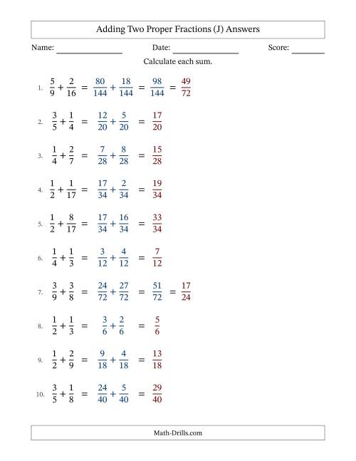 The Adding Two Proper Fractions with Unlike Denominators, Proper Fractions Results and Some Simplifying (J) Math Worksheet Page 2