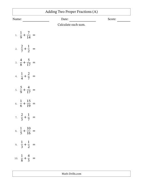 The Adding Two Proper Fractions with Unlike Denominators, Proper Fractions Results and Some Simplifying (All) Math Worksheet