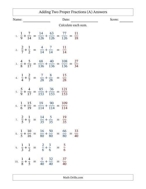 The Adding Two Proper Fractions with Unlike Denominators, Proper Fractions Results and Some Simplifying (All) Math Worksheet Page 2