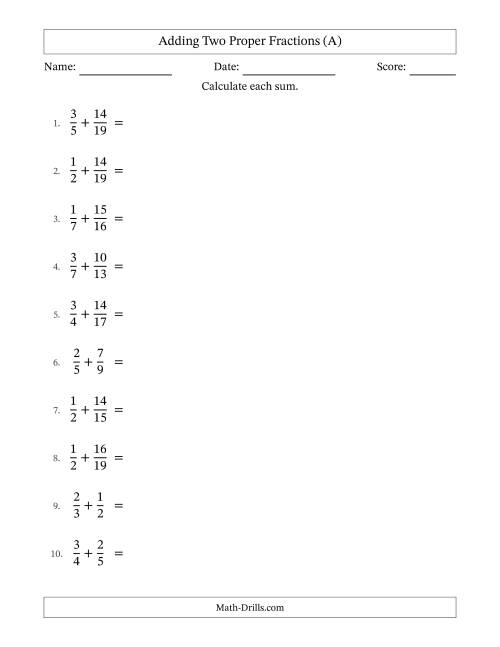 The Adding Two Proper Fractions with Unlike Denominators, Mixed Fractions Results and No Simplifying (A) Math Worksheet