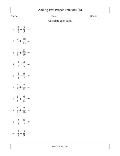 The Adding Two Proper Fractions with Unlike Denominators, Mixed Fractions Results and No Simplifying (B) Math Worksheet
