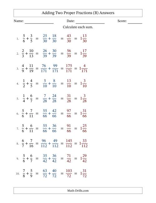 The Adding Two Proper Fractions with Unlike Denominators, Mixed Fractions Results and No Simplifying (B) Math Worksheet Page 2