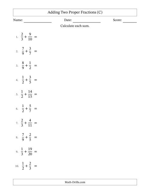 The Adding Two Proper Fractions with Unlike Denominators, Mixed Fractions Results and No Simplifying (C) Math Worksheet
