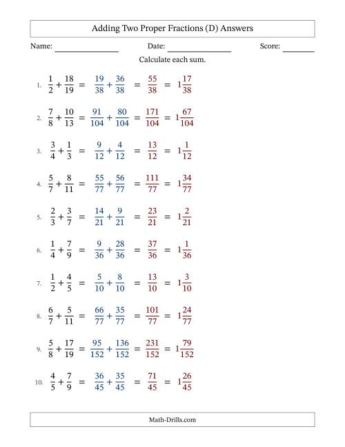The Adding Two Proper Fractions with Unlike Denominators, Mixed Fractions Results and No Simplifying (D) Math Worksheet Page 2