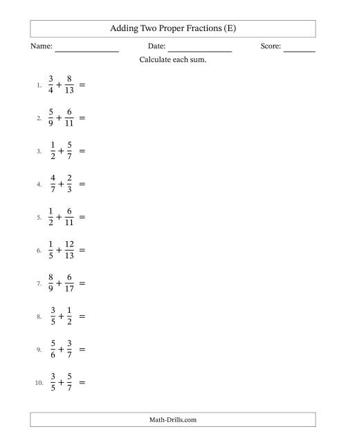 The Adding Two Proper Fractions with Unlike Denominators, Mixed Fractions Results and No Simplifying (E) Math Worksheet