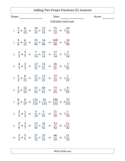 The Adding Two Proper Fractions with Unlike Denominators, Mixed Fractions Results and No Simplifying (E) Math Worksheet Page 2