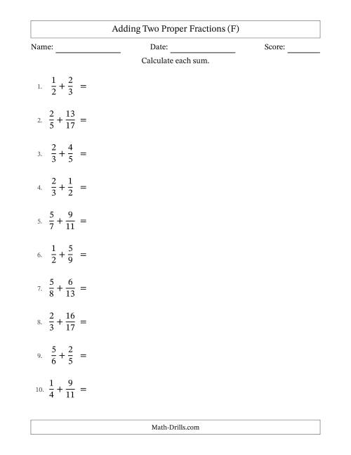 The Adding Two Proper Fractions with Unlike Denominators, Mixed Fractions Results and No Simplifying (F) Math Worksheet