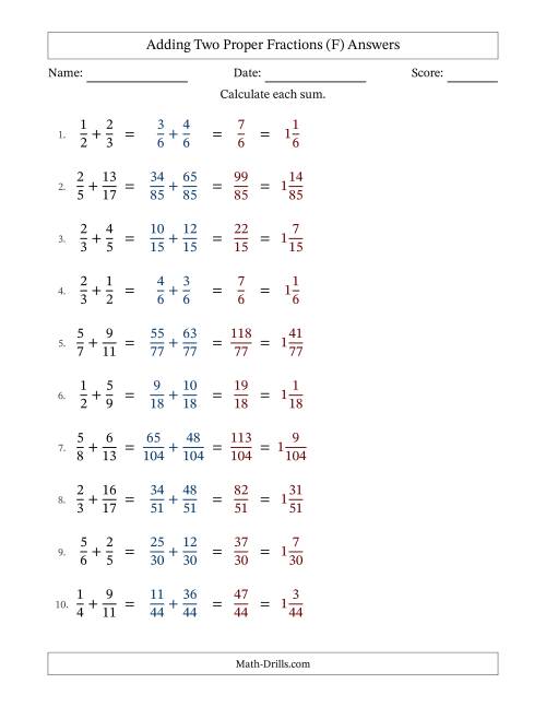 The Adding Two Proper Fractions with Unlike Denominators, Mixed Fractions Results and No Simplifying (F) Math Worksheet Page 2