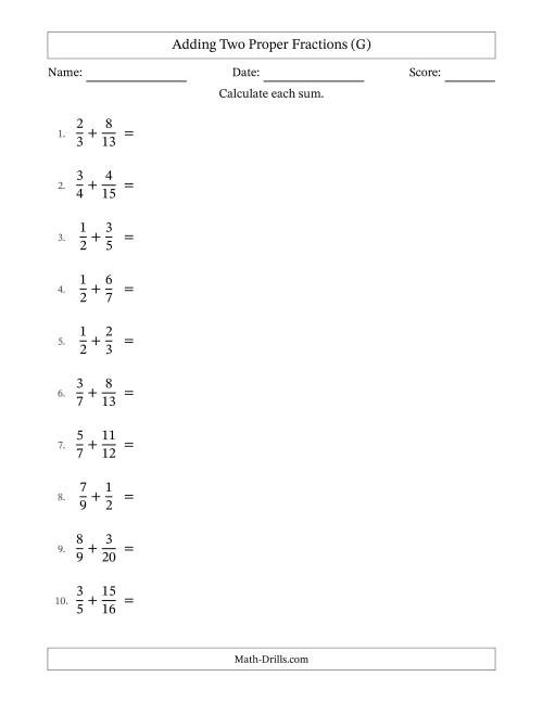 The Adding Two Proper Fractions with Unlike Denominators, Mixed Fractions Results and No Simplifying (G) Math Worksheet