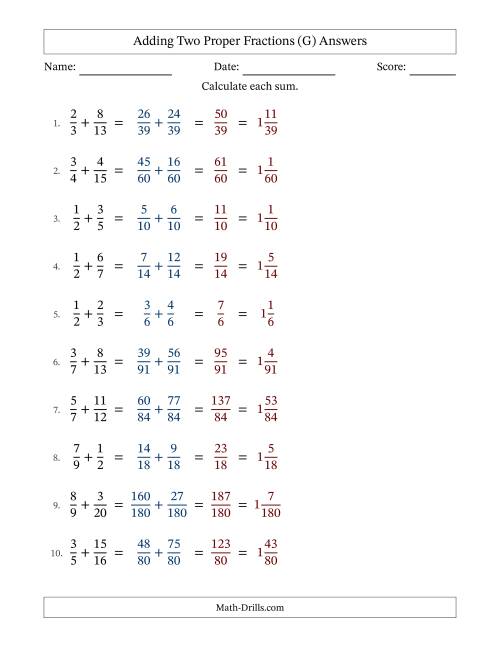 The Adding Two Proper Fractions with Unlike Denominators, Mixed Fractions Results and No Simplifying (G) Math Worksheet Page 2