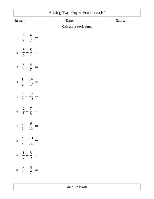 The Adding Two Proper Fractions with Unlike Denominators, Mixed Fractions Results and No Simplifying (H) Math Worksheet