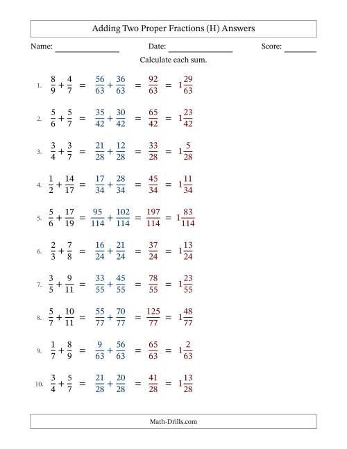 The Adding Two Proper Fractions with Unlike Denominators, Mixed Fractions Results and No Simplifying (H) Math Worksheet Page 2
