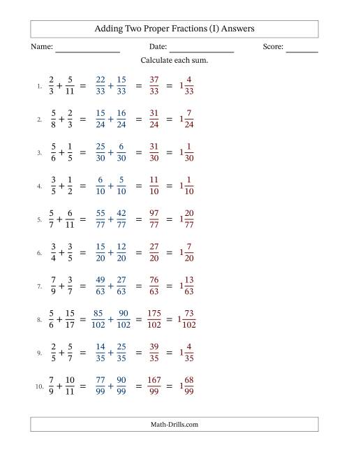 The Adding Two Proper Fractions with Unlike Denominators, Mixed Fractions Results and No Simplifying (I) Math Worksheet Page 2