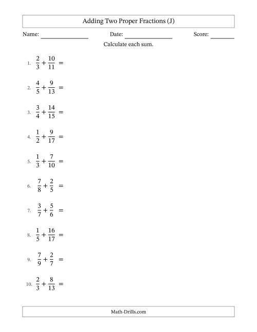 The Adding Two Proper Fractions with Unlike Denominators, Mixed Fractions Results and No Simplifying (J) Math Worksheet