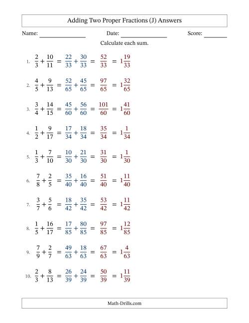 The Adding Two Proper Fractions with Unlike Denominators, Mixed Fractions Results and No Simplifying (J) Math Worksheet Page 2