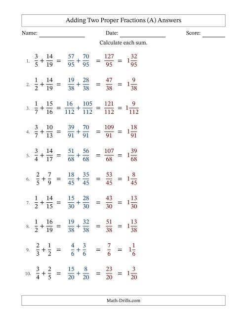 The Adding Two Proper Fractions with Unlike Denominators, Mixed Fractions Results and No Simplifying (All) Math Worksheet Page 2
