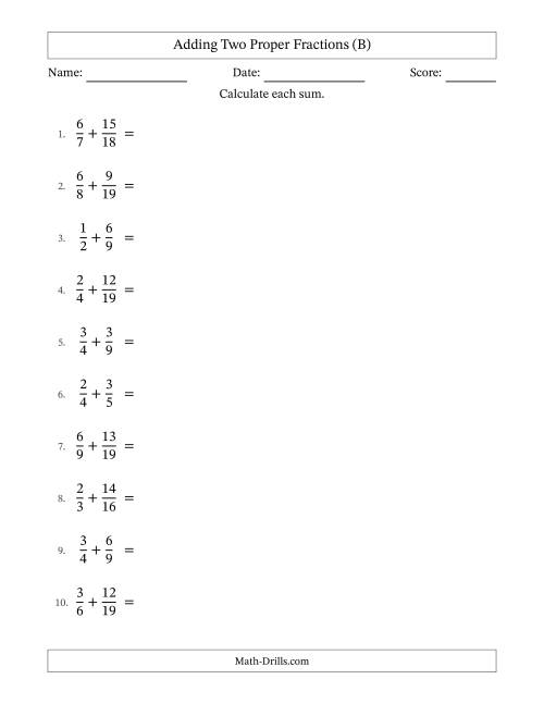 The Adding Two Proper Fractions with Unlike Denominators, Mixed Fractions Results and All Simplifying (B) Math Worksheet
