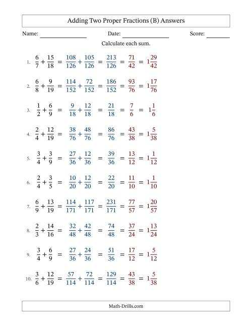 The Adding Two Proper Fractions with Unlike Denominators, Mixed Fractions Results and All Simplifying (B) Math Worksheet Page 2