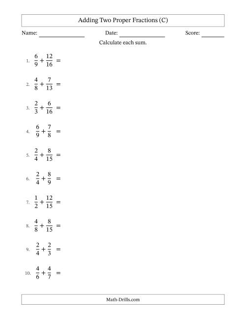 The Adding Two Proper Fractions with Unlike Denominators, Mixed Fractions Results and All Simplifying (C) Math Worksheet