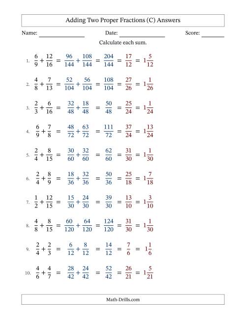 The Adding Two Proper Fractions with Unlike Denominators, Mixed Fractions Results and All Simplifying (C) Math Worksheet Page 2