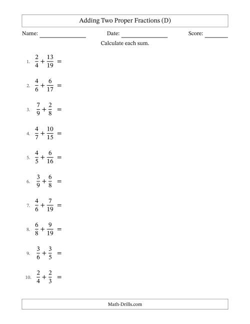 The Adding Two Proper Fractions with Unlike Denominators, Mixed Fractions Results and All Simplifying (D) Math Worksheet