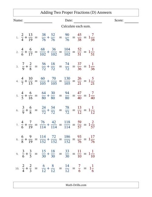 The Adding Two Proper Fractions with Unlike Denominators, Mixed Fractions Results and All Simplifying (D) Math Worksheet Page 2