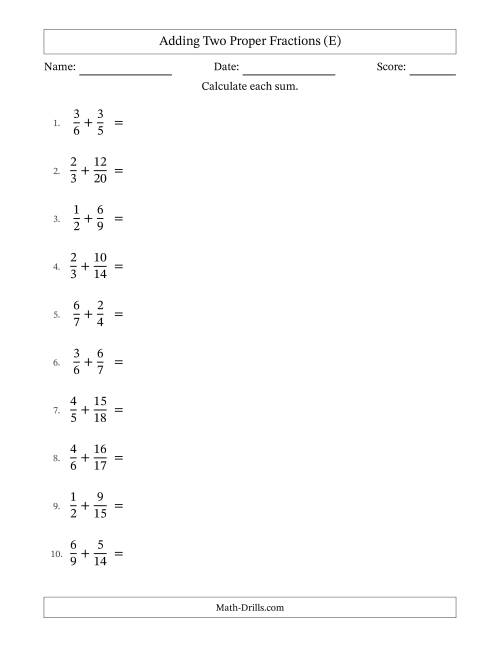 The Adding Two Proper Fractions with Unlike Denominators, Mixed Fractions Results and All Simplifying (E) Math Worksheet