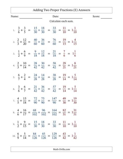The Adding Two Proper Fractions with Unlike Denominators, Mixed Fractions Results and All Simplifying (E) Math Worksheet Page 2