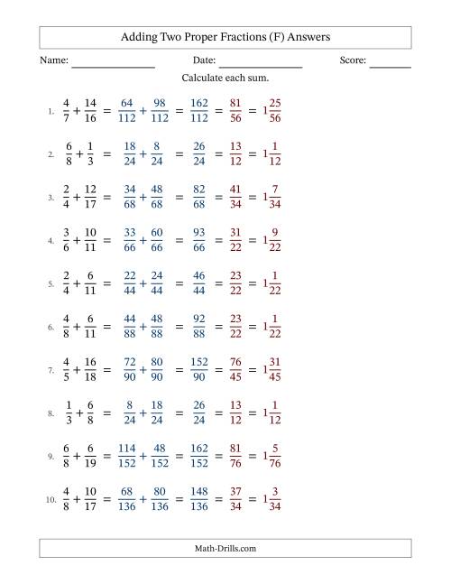 The Adding Two Proper Fractions with Unlike Denominators, Mixed Fractions Results and All Simplifying (F) Math Worksheet Page 2