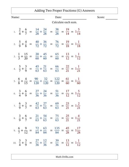 The Adding Two Proper Fractions with Unlike Denominators, Mixed Fractions Results and All Simplifying (G) Math Worksheet Page 2