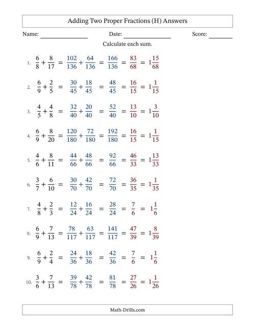 The Adding Two Proper Fractions with Unlike Denominators, Mixed Fractions Results and All Simplifying (H) Math Worksheet Page 2
