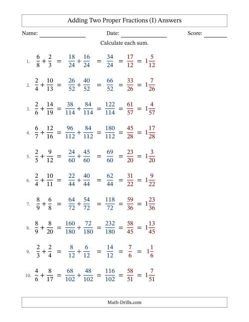 The Adding Two Proper Fractions with Unlike Denominators, Mixed Fractions Results and All Simplifying (I) Math Worksheet Page 2