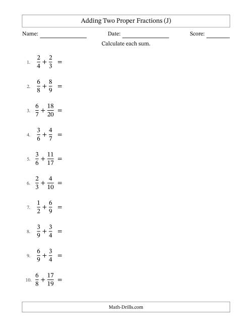 The Adding Two Proper Fractions with Unlike Denominators, Mixed Fractions Results and All Simplifying (J) Math Worksheet
