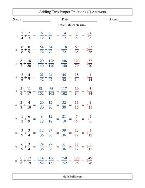 The Adding Two Proper Fractions with Unlike Denominators, Mixed Fractions Results and All Simplifying (J) Math Worksheet Page 2