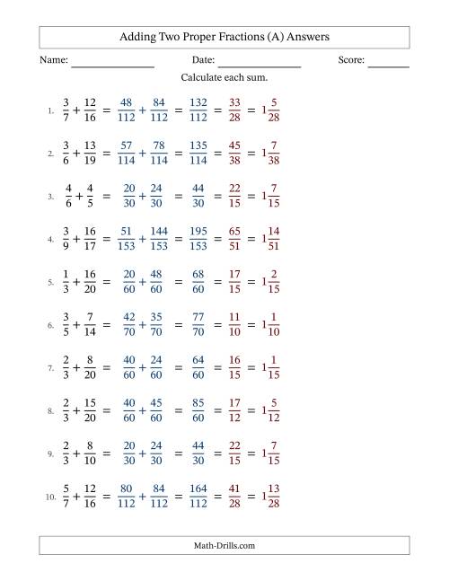 The Adding Two Proper Fractions with Unlike Denominators, Mixed Fractions Results and All Simplifying (All) Math Worksheet Page 2