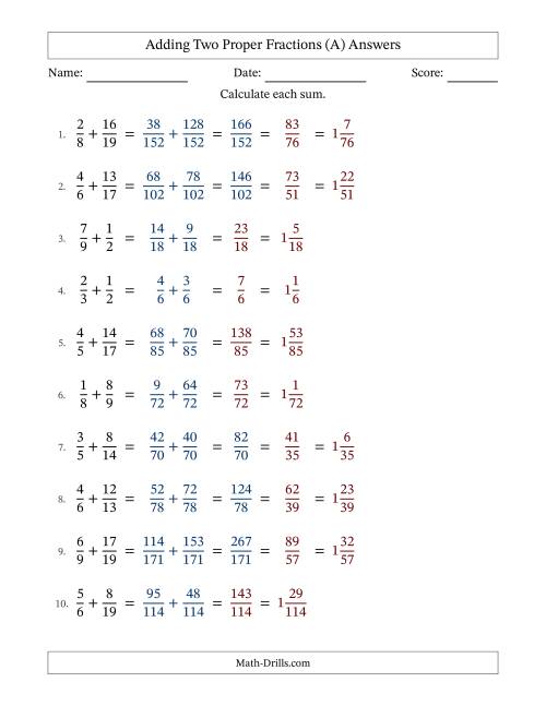 The Adding Two Proper Fractions with Unlike Denominators, Mixed Fractions Results and Some Simplifying (A) Math Worksheet Page 2