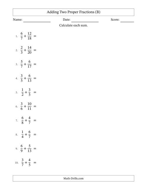 The Adding Two Proper Fractions with Unlike Denominators, Mixed Fractions Results and Some Simplifying (B) Math Worksheet