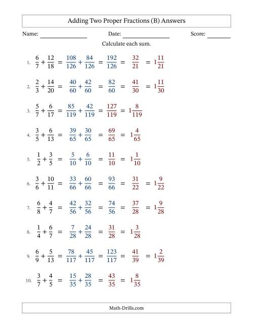 The Adding Two Proper Fractions with Unlike Denominators, Mixed Fractions Results and Some Simplifying (B) Math Worksheet Page 2