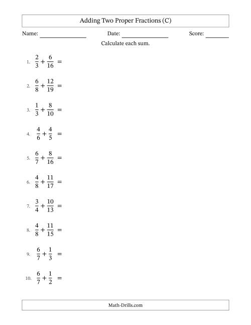The Adding Two Proper Fractions with Unlike Denominators, Mixed Fractions Results and Some Simplifying (C) Math Worksheet