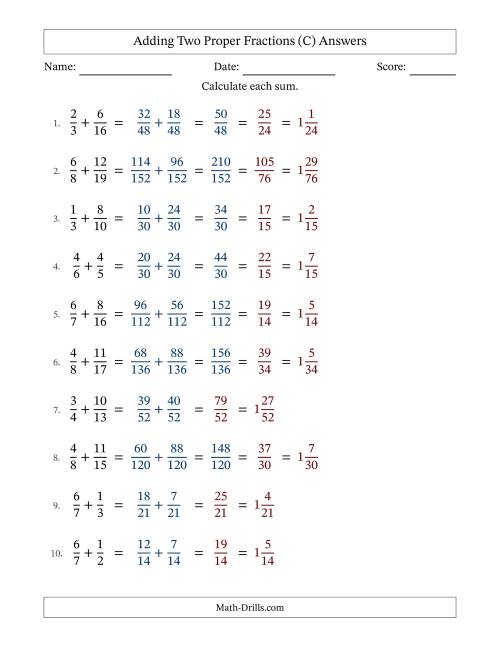 The Adding Two Proper Fractions with Unlike Denominators, Mixed Fractions Results and Some Simplifying (C) Math Worksheet Page 2