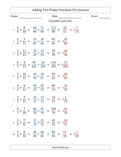 The Adding Two Proper Fractions with Unlike Denominators, Mixed Fractions Results and Some Simplifying (D) Math Worksheet Page 2