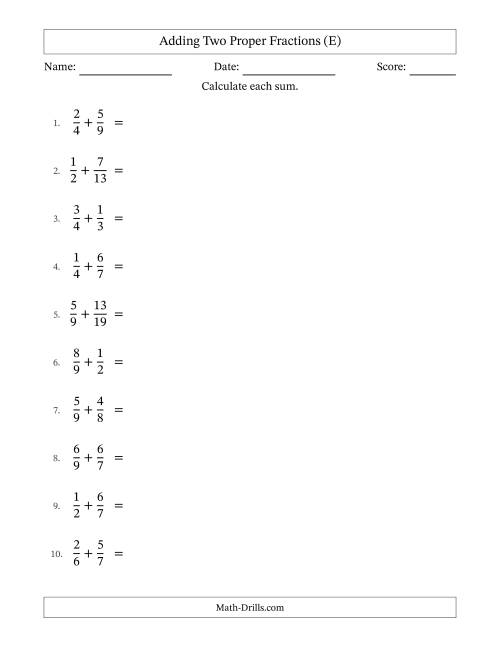 The Adding Two Proper Fractions with Unlike Denominators, Mixed Fractions Results and Some Simplifying (E) Math Worksheet