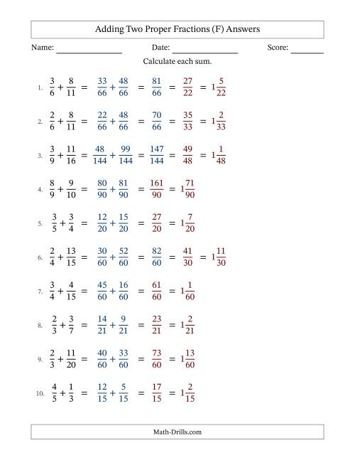 The Adding Two Proper Fractions with Unlike Denominators, Mixed Fractions Results and Some Simplifying (F) Math Worksheet Page 2