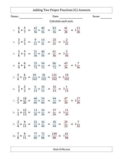 The Adding Two Proper Fractions with Unlike Denominators, Mixed Fractions Results and Some Simplifying (G) Math Worksheet Page 2