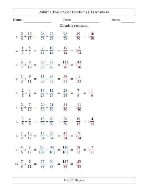 The Adding Two Proper Fractions with Unlike Denominators, Mixed Fractions Results and Some Simplifying (H) Math Worksheet Page 2